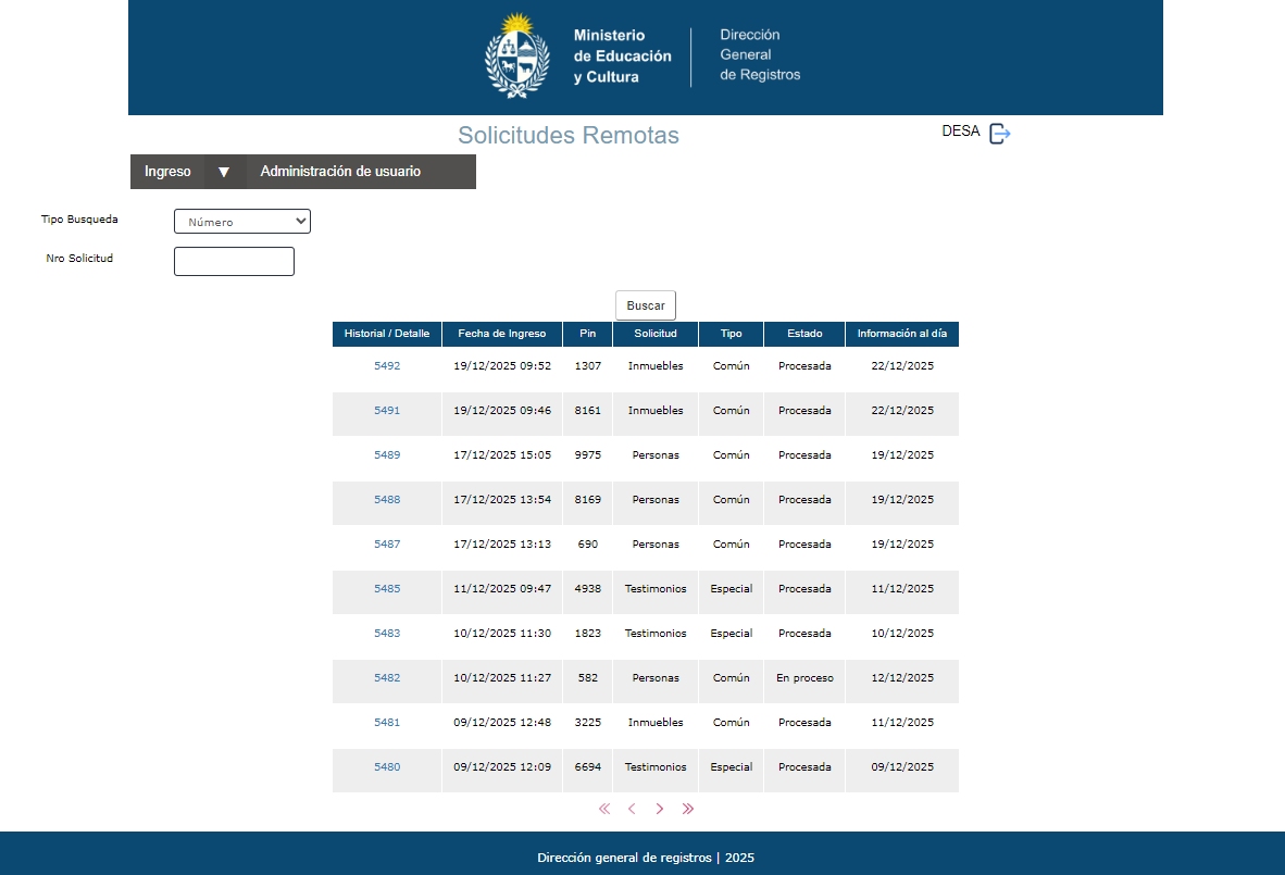 Grilla principal con último estado de la solicitud