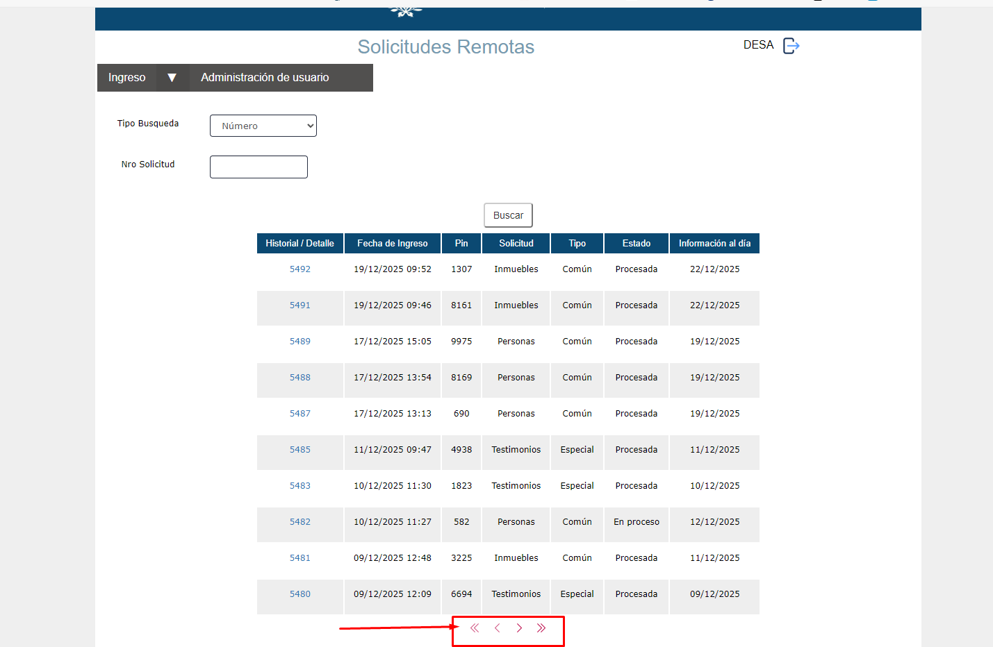 Navegación y paginación de solicitudes
