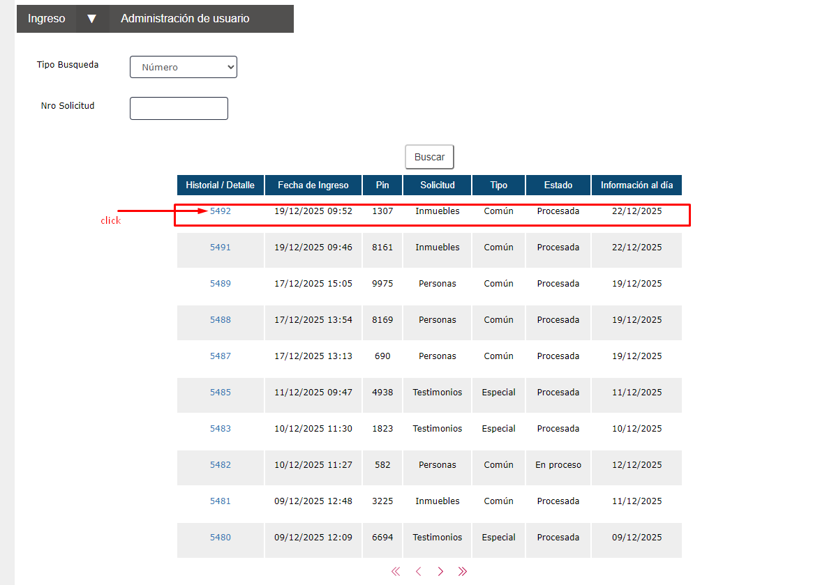 Click en número de solicitud